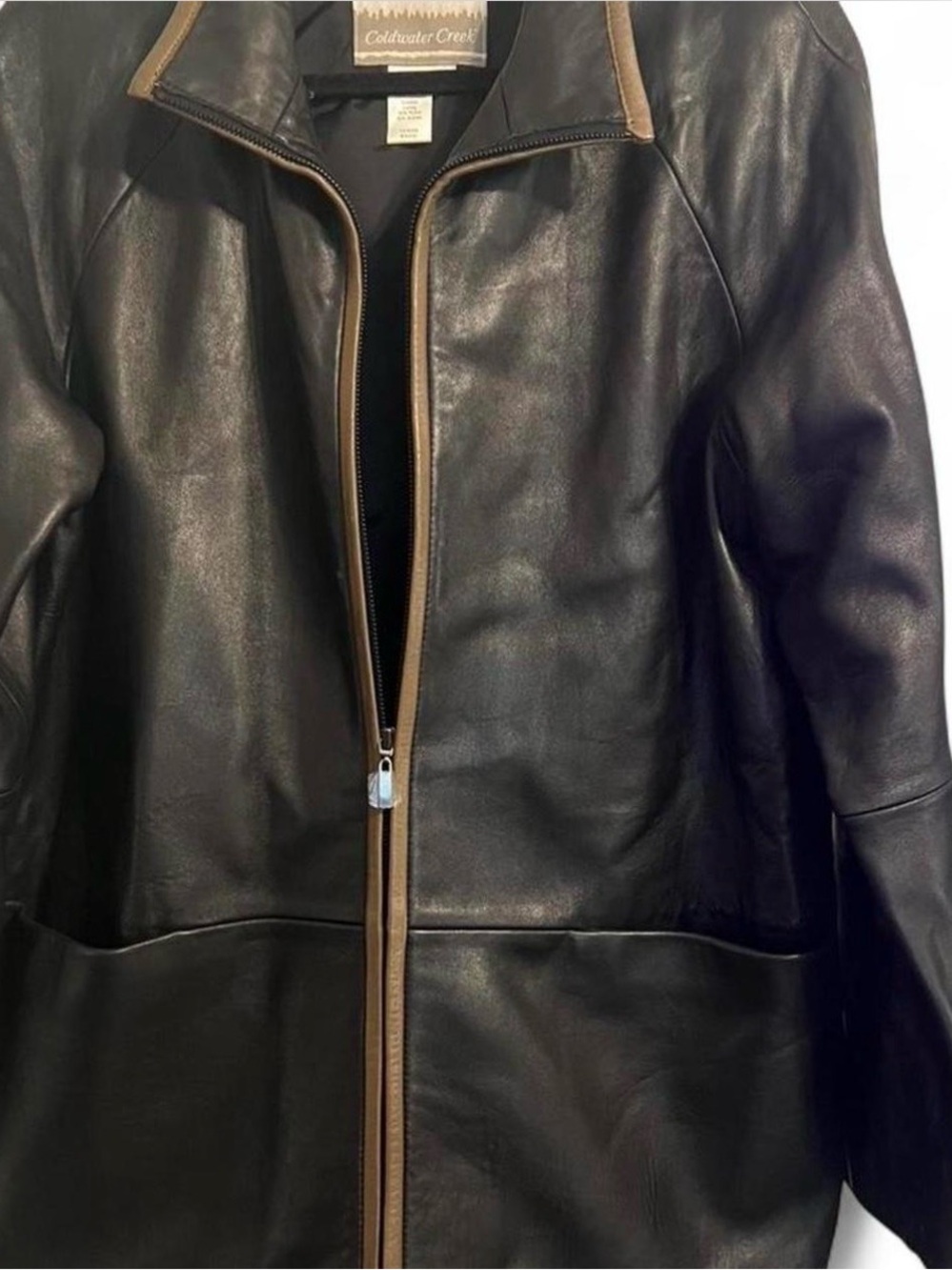 Coldwater Creek Black Leather Jacket with Tan Trim